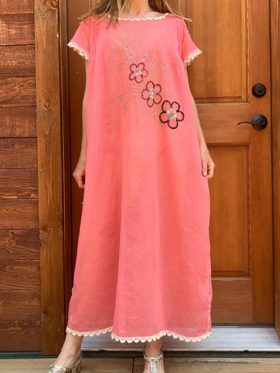 Vintage Dresses & Skirts - 1930's Embroidered Sheer Pink Cotton Dressing Gown Night Gown Dress floral lace